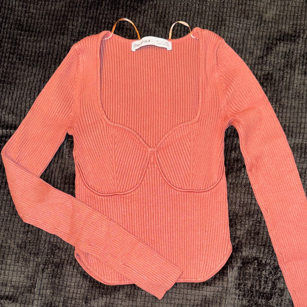 Bershka Women's Blush Pink Ribbed Blouse